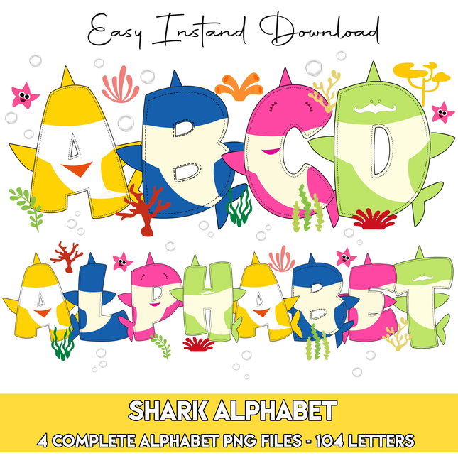 Baby Shark Doodle Alphabet Letters PNG Bundle Instant Download