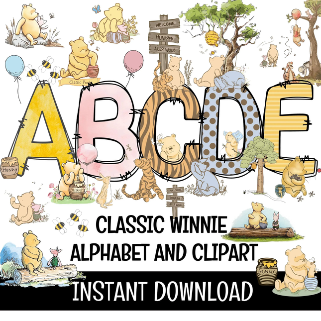 Classic Winnie the Pooh Doodle Alphabet Letters PNG Bundle Instant Download