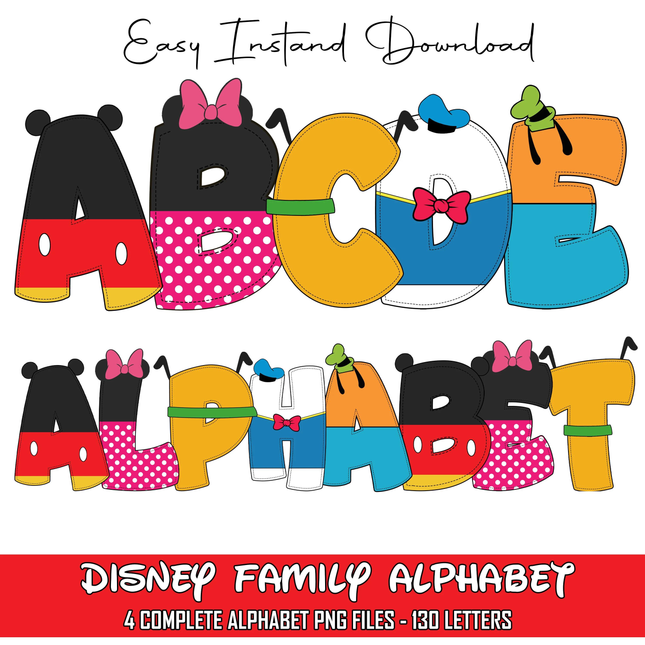 Mickey Mouse Family Doodle Alphabet Letters PNG Bundle Instant Download