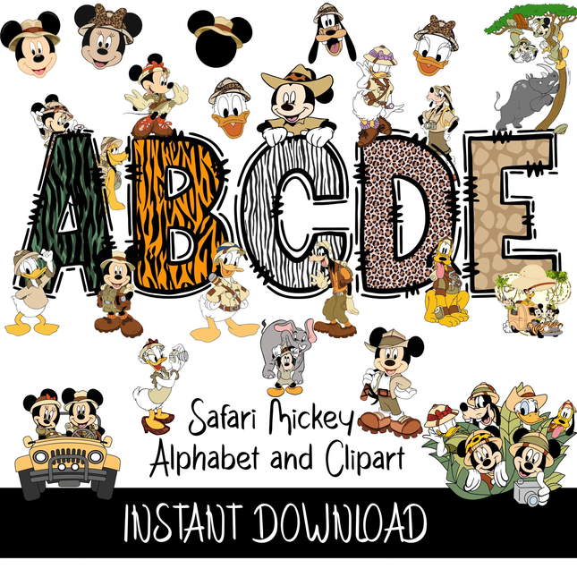 Safari Mickey Mouse Doodle Alphabet Letters PNG Bundle Instant Download