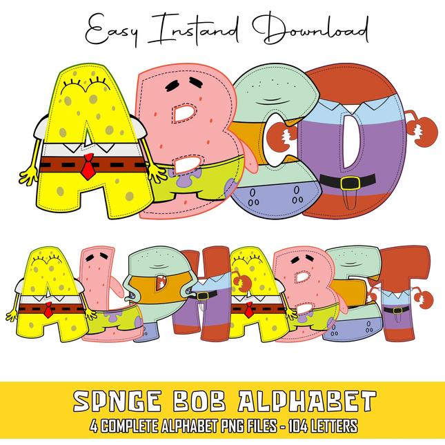 Sponge Bob Doodle Alphabet Letters PNG Bundle Instant Download