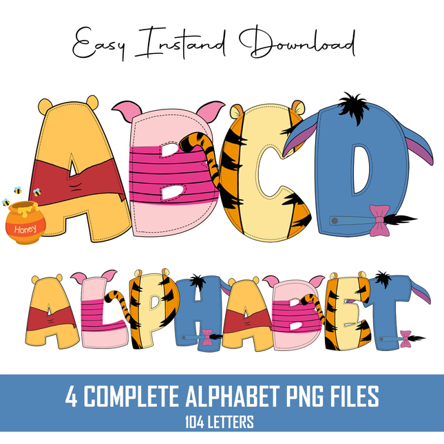 Winnie The Pooh Doodle Alphabet Letters PNG Bundle Instant Download