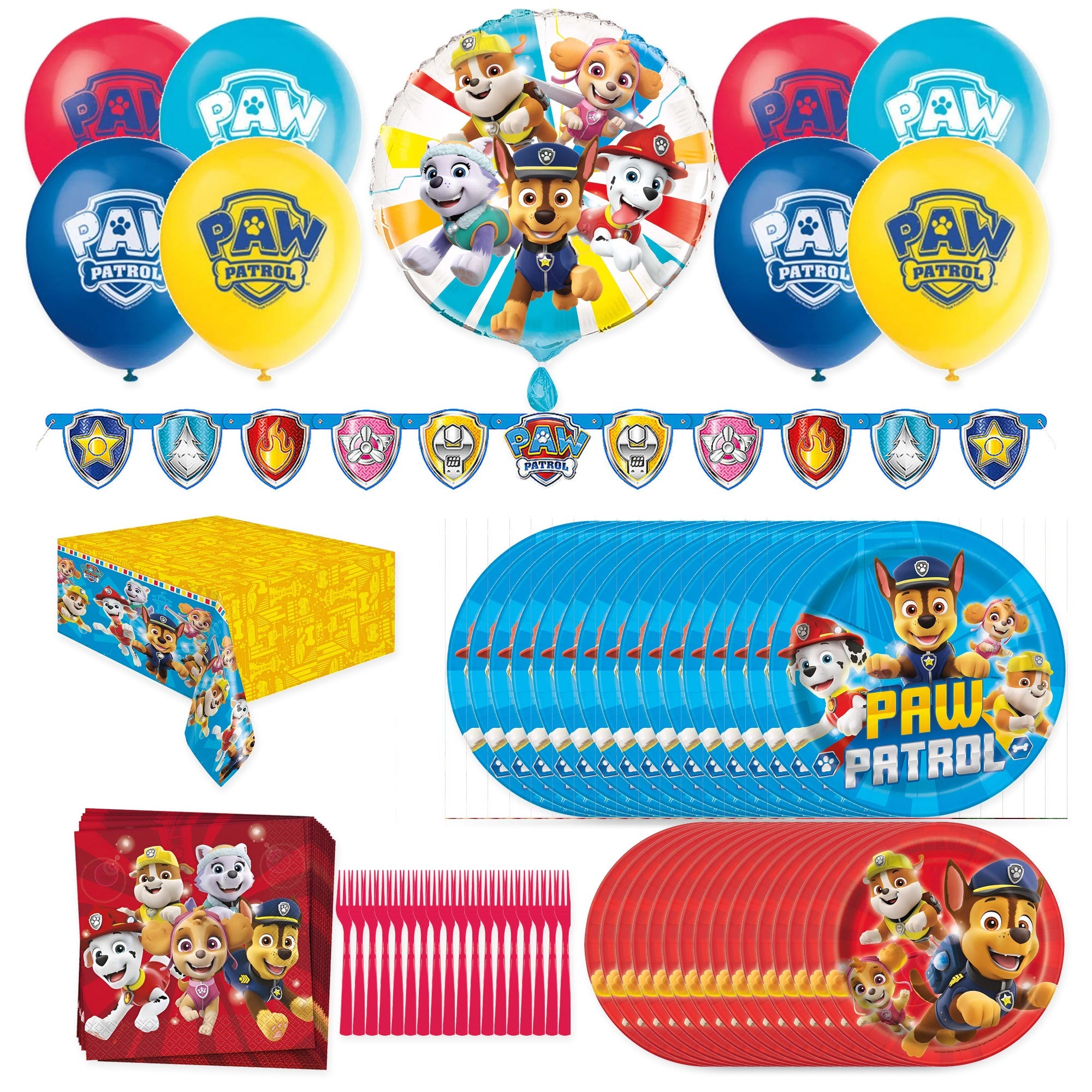 PAW Patrol party supplies for 16 guests with plates, napkins, banner, table cover and balloons