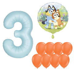 Bluey birthday number balloon set with eight orange latex balloons