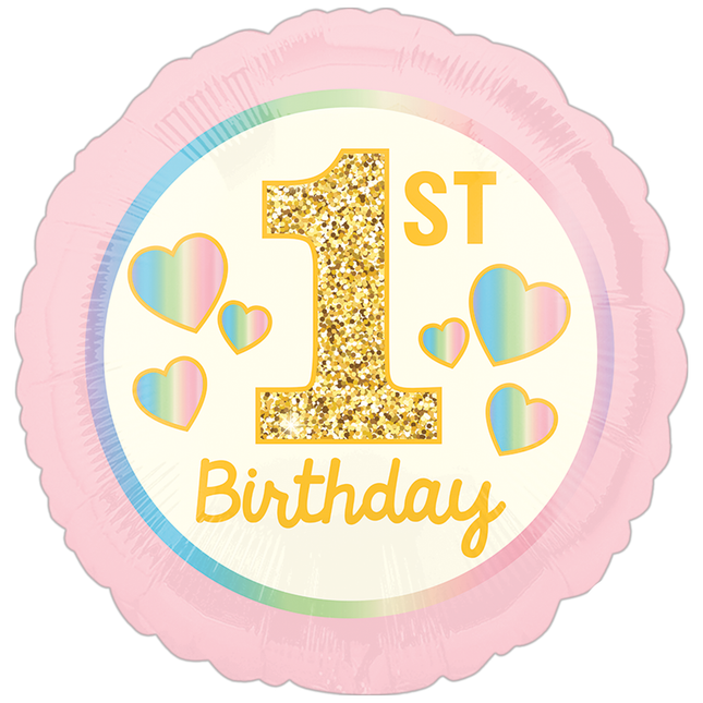 1st Birthday Pink & Gold Foil Balloon 18"