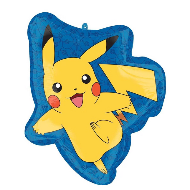 Pikachu-shaped balloon with blue border on a white background