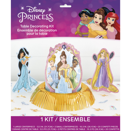 Disney Princess table decorating kit in retail packaging, showing illustrated character cutouts and a gold fringed centerpiece base on a white background with purple header and footer panels.