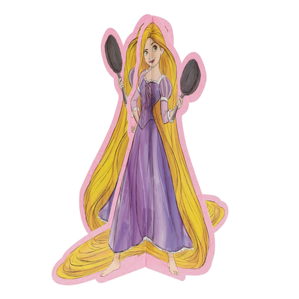 A die-cut cardboard standee of Disney's Rapunzel from Tangled, featuring her signature long yellow hair, purple dress, and holding two black mirrors, set against a plain white background.
