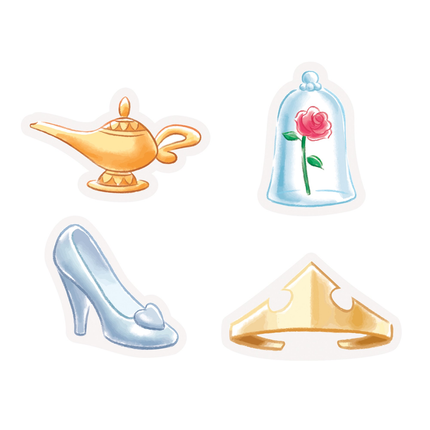 Four Disney-style sticker icons featuring an orange genie lamp, a blue bell with a pink rose, a light blue high-heeled shoe, and a gold crown, arranged on a white background.