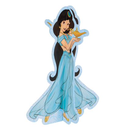A die-cut decorative sign or cutout featuring the Disney Princess character Jasmine in a flowing light blue gown, holding a gold genie lamp, on a plain white background.