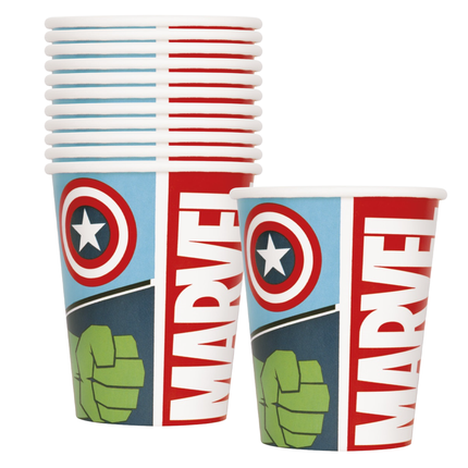 A stack of and a single Marvel party cups featuring Captain America's shield and Hulk graphics on a white background.