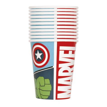 A stack of paper cups featuring Captain America and Marvel graphics, including the Captain America shield, Hulk fist, and a red vertical MARVEL logo, on a plain white background.