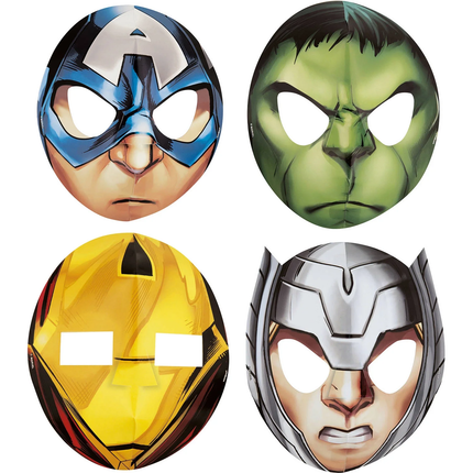 Four avengers superhero masks in different colors on a white background
