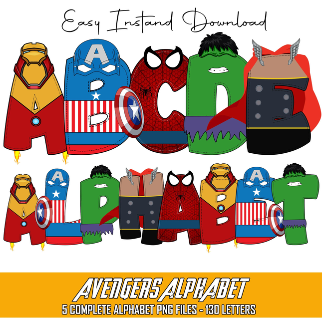 Avengers Doodle Alphabet Letters PNG Bundle Instant Download