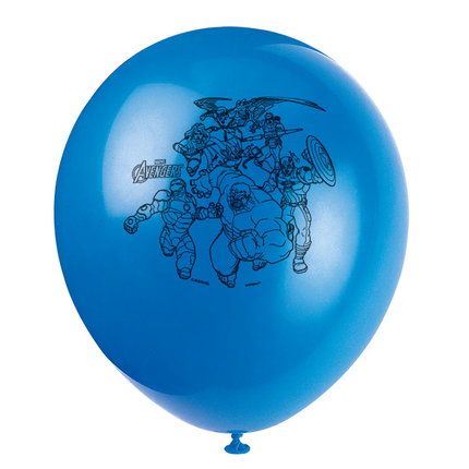 Blue balloon with Avengers graphics on a white background