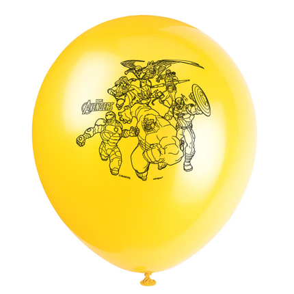 Yellow balloon with black superhero illustrations on a white background