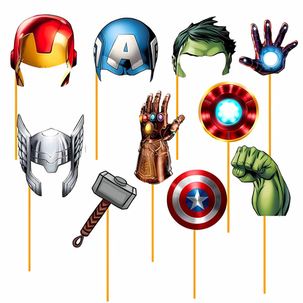 Collection of superhero masks, helmets, and accessories on sticks against a white background