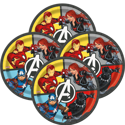 Five round party plates featuring Avengers comic book characters, including Iron Man, Captain America, Black Widow, and Black Panther, arranged in a fan-like layout on a white background.