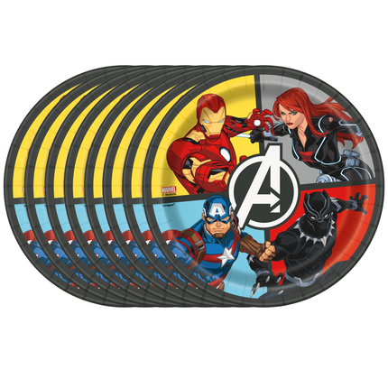A set of round paper party plates with a Marvel Avengers theme, featuring illustrations of Iron Man, Black Widow, Captain America, and Black Panther around a large Avengers 'A' logo.