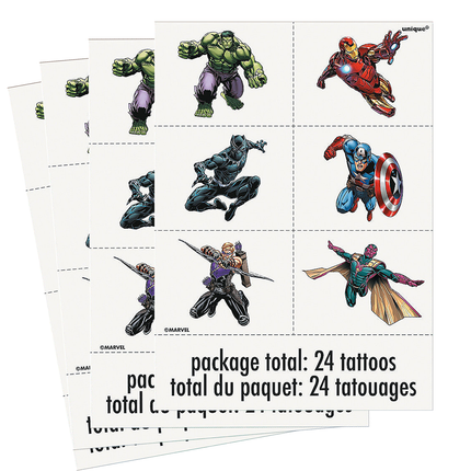 Sheet of superhero tattoos with characters including Hulk, Iron Man, Captain America, and others on a white background.