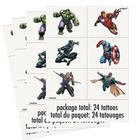 Sheet of superhero tattoos with characters including Hulk, Iron Man, Captain America, and others on a white background.