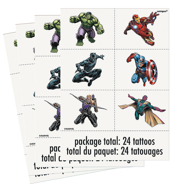 Sheet of superhero tattoos with characters including Hulk, Iron Man, Captain America, and others on a white background.