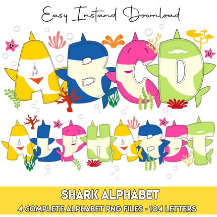Baby Shark Doodle Alphabet Letters PNG Bundle Instant Download