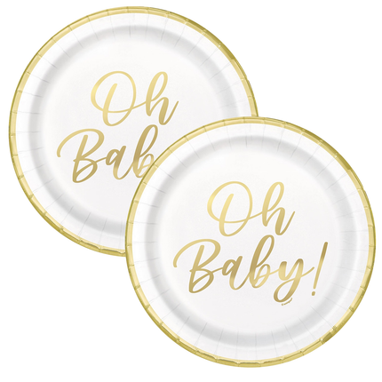 Oh Baby Gold Baby Shower set component: Baby Shower "Oh Baby" Foil Round Plates 8ct