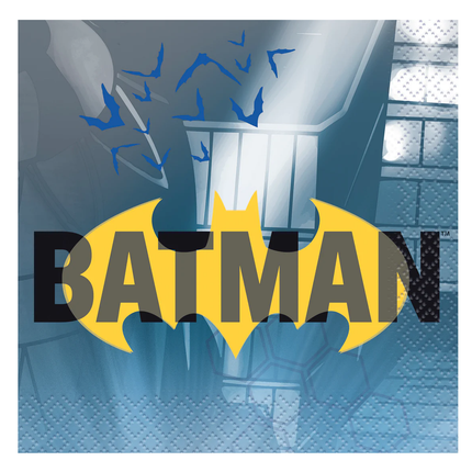 Batman logo with a superhero character breaking through a wall in the background