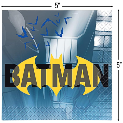 Batman-themed paper plates with logo and design, size indicated as 5"x5".
