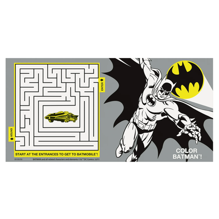 Batman coloring page with maze and Batmobile illustration