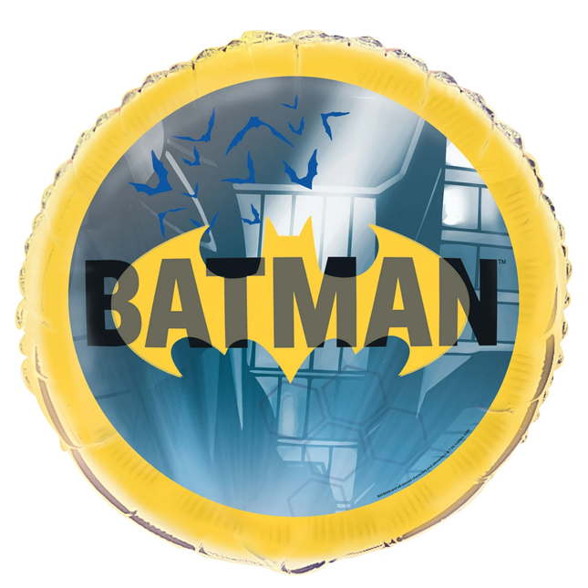 Batman-themed balloon with yellow border and cityscape background