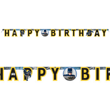 Batman-themed 'Happy Birthday' banner with character logos on a white background