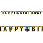 Batman-themed 'Happy Birthday' banner with character logos on a white background