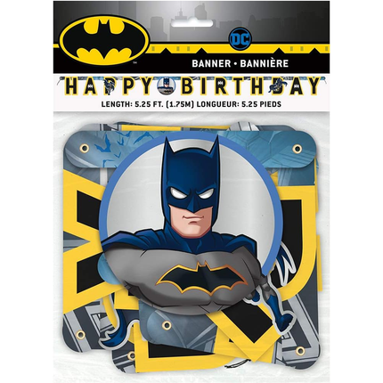 Batman birthday banner packaging with character illustration and DC Comics logo.