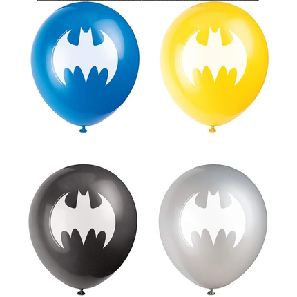 Four balloons with Batman logo in blue, yellow, black, and silver on a white background.