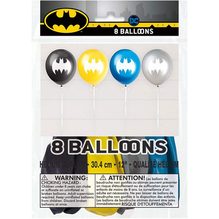 Pack of 8 Batman-themed balloons with the brand logo on a white background