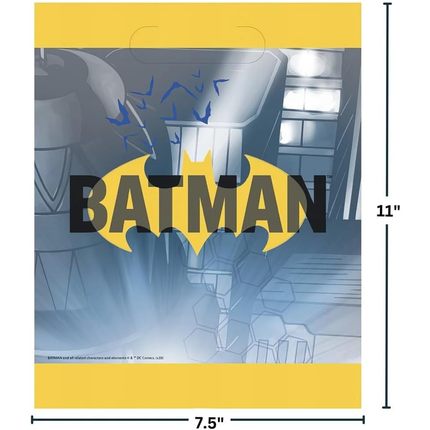 Batman-themed gift bag with character silhouette and 'BATMAN' logo, dimensions indicated.