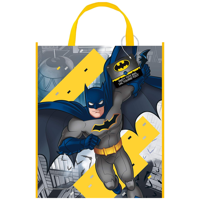 Batman-themed party bag with yellow and blue design