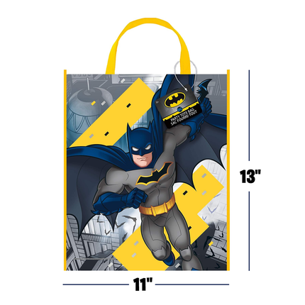 Batman-themed party bag with yellow accents and dimensions on a white background