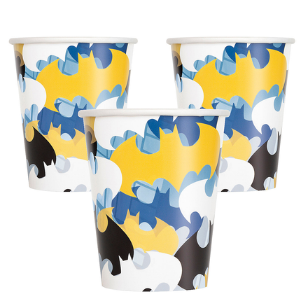 Three paper cups with blue, yellow, and white abstract pattern on a white background