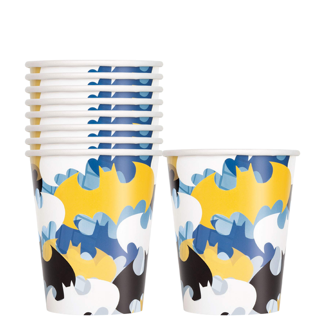 Set of paper cups with blue and yellow pattern on a white background