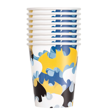 Stack of paper cups with blue, yellow, and white abstract pattern on a white background