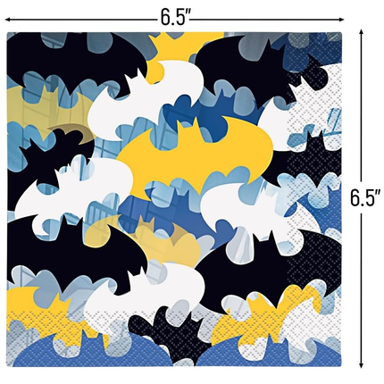 Batman-themed paper napkins with black, yellow, and blue colors on a white background.