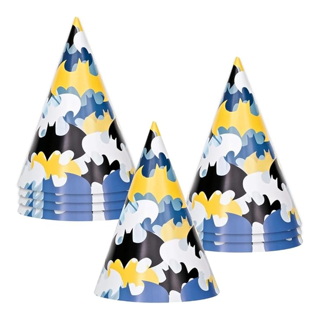 Colorful Batman party hats with a pattern on a white background