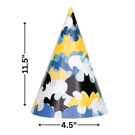 batman Party hat with colorful design and measurements on a white background