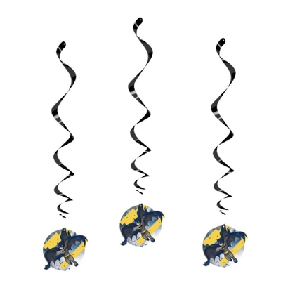 Three decorative swirls with  batman 
cartoon characters on a white background