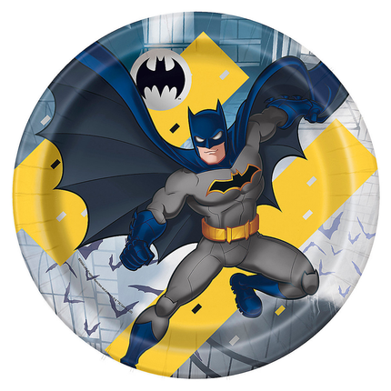 Batman-themed paper plate with superhero design on a white background