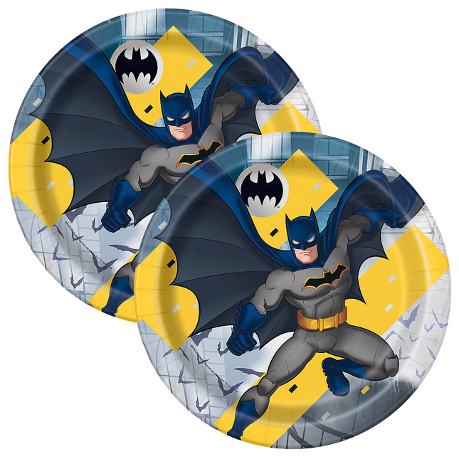 Two Batman-themed paper plates with superhero design on a white background