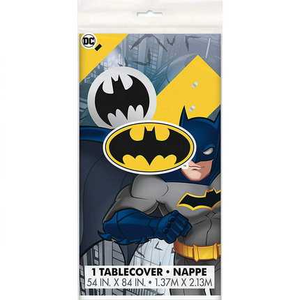 Batman-themed tablecover packaging with superhero design and cityscape background